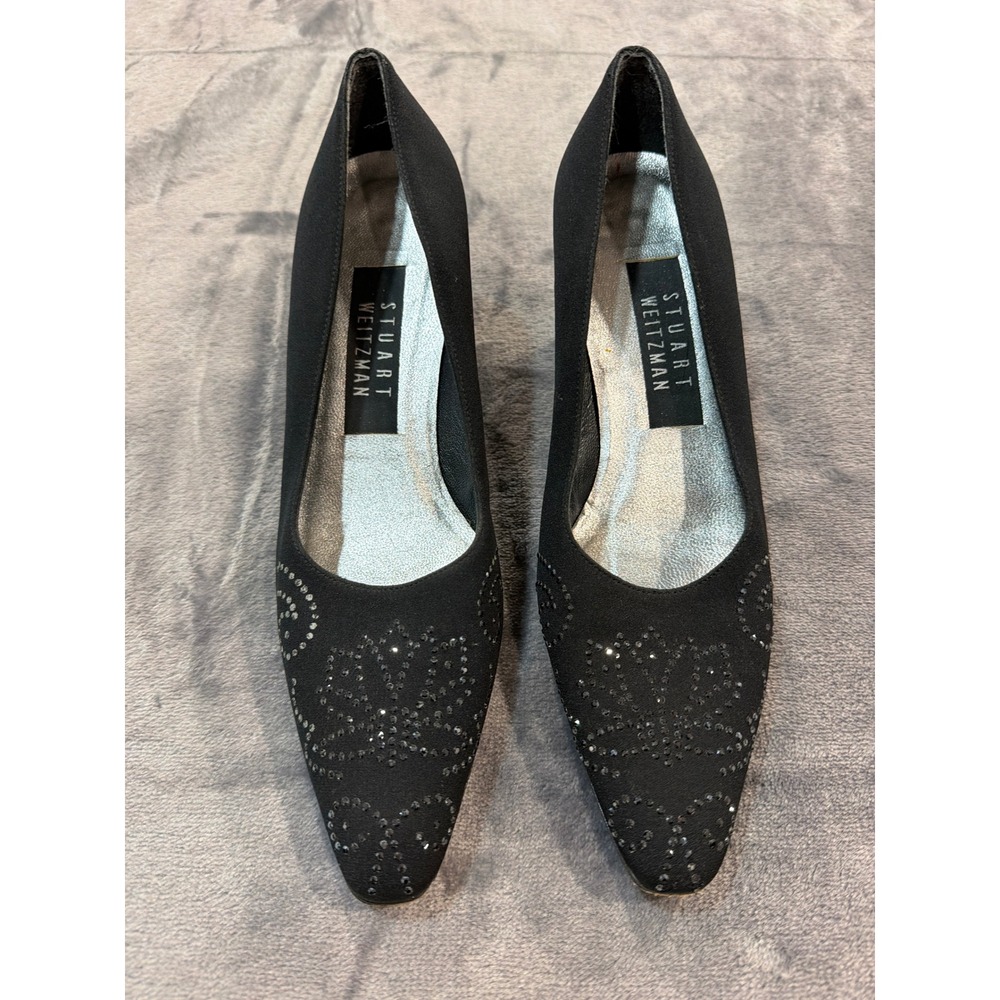 Stuart Weitzman Pumps Womens Black Rhinestone Kitten Heel Pointed Toe 5.5 B